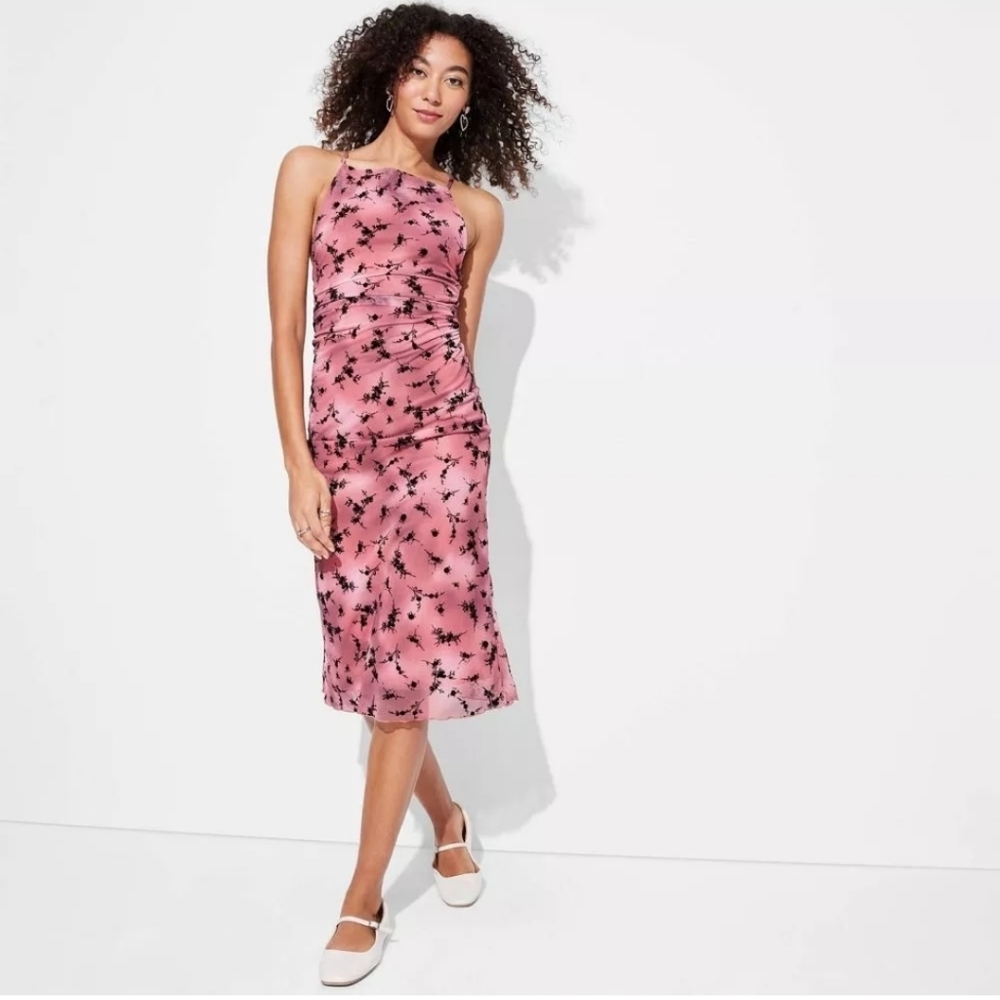 Women's Flocked Mesh Midi Slip Dress-Wild Fable Pink/Black Floral CrissCross XXL